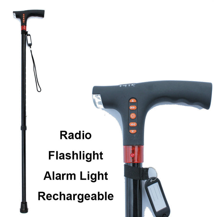 Unisex smart cane for elderly support, equipped with LED light, radio, emergency alarm, and adjustable height.