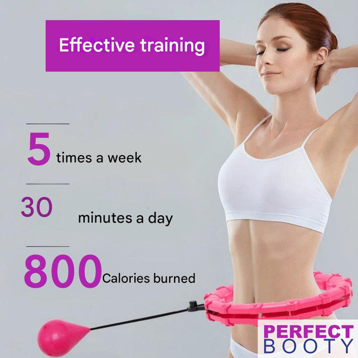 Person enjoying a Smart Weighted Fitness Hoop workout, targeting core muscles for calorie burning & fitness.