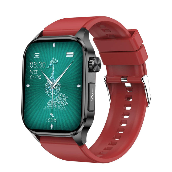 Smartwatch charging on a dock. Unisex wearable for ECG, BP, fitness & health monitoring.