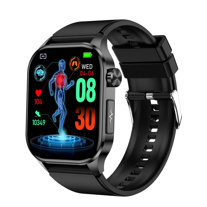 Digital display of unisex smartwatch with blood sugar tracking. Health gadget & fitness wearable.