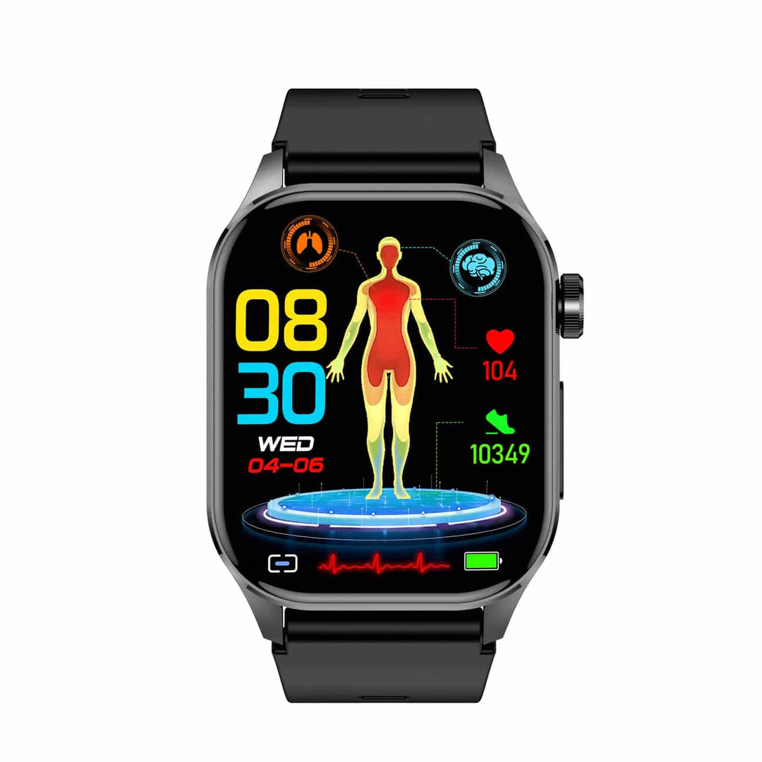 Unisex smartwatch worn by a man, focusing on health monitoring features. ECG & BP wearable gadget.