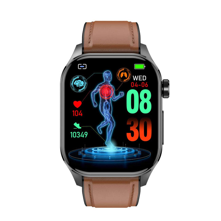 Side view of a unisex smartwatch, highlighting its slim profile. ECG & blood pressure monitor.