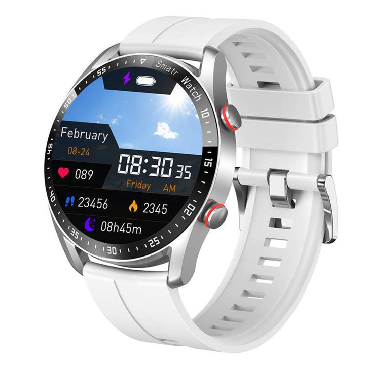 Sleek unisex smartwatch with black rubber strap, showcasing its slim profile and durable design for daily use.