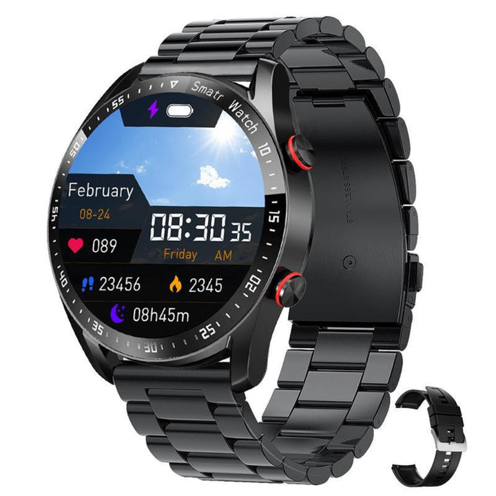Close-up of smartwatch display showing health metrics: heart rate & steps. Features Bluetooth calls & notifications.
