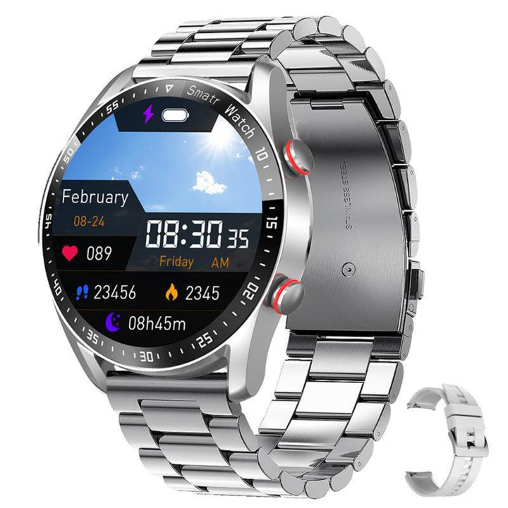 Unisex smartwatch on a wrist, actively tracking steps during a run. Ideal for fitness monitoring & smart notifications.