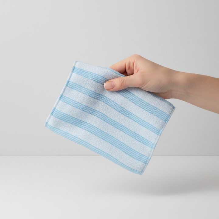 Person using a SmoothExfoliate exfoliating towel for a gentle, yet effective, body scrub in the shower