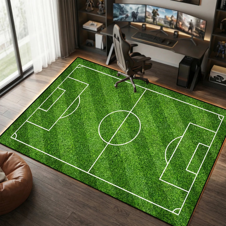 Unisex soccer field pattern area rug with playful waves, perfect for sports decor in kids' rooms or game rooms.
