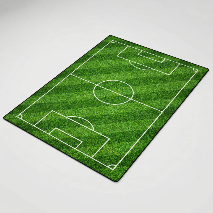 Washable non-slip soccer field area rug featuring a modern wave design, ideal for indoor/outdoor play and kids' spaces.
