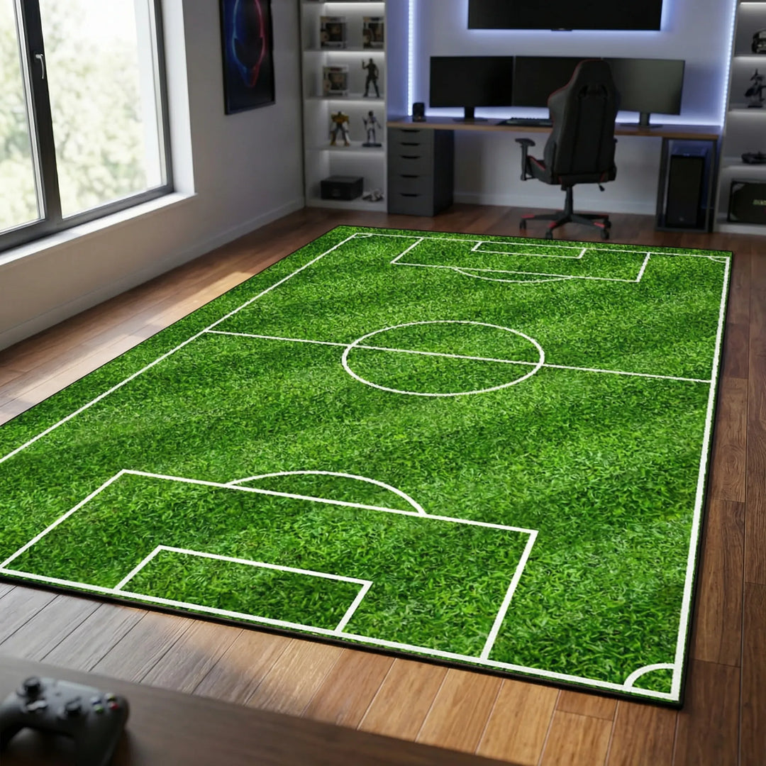 Durable unisex play rug with a soccer field pattern & gentle waves. Perfect for kids' rooms, non-slip & easy to clean.