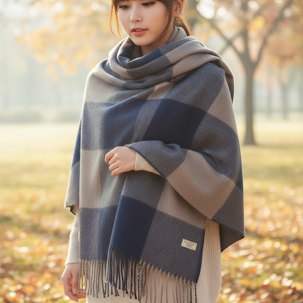 Unisex soft cashmere scarf with diamond pattern in detailed close-up, elegant winter accessory.