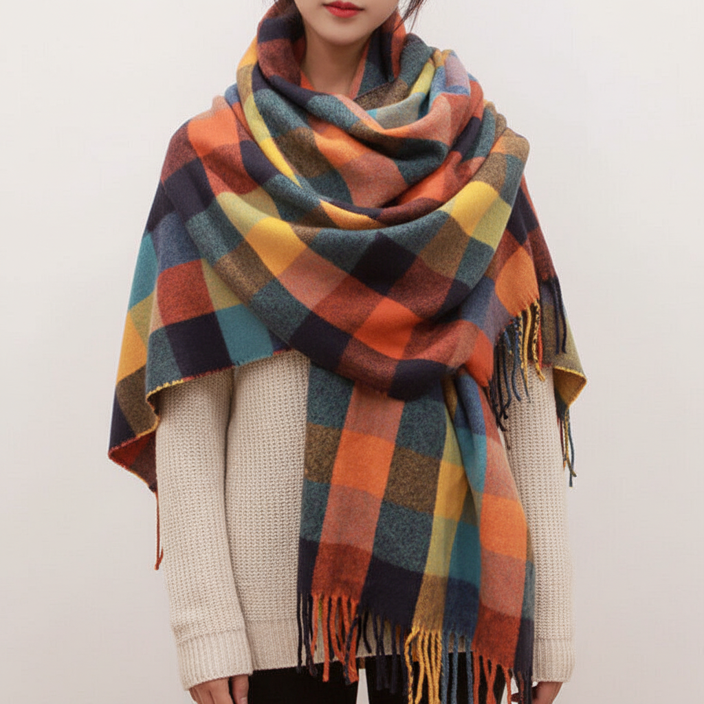Soft grey cashmere scarf with a prominent diamond pattern, a versatile unisex winter fashion statement.