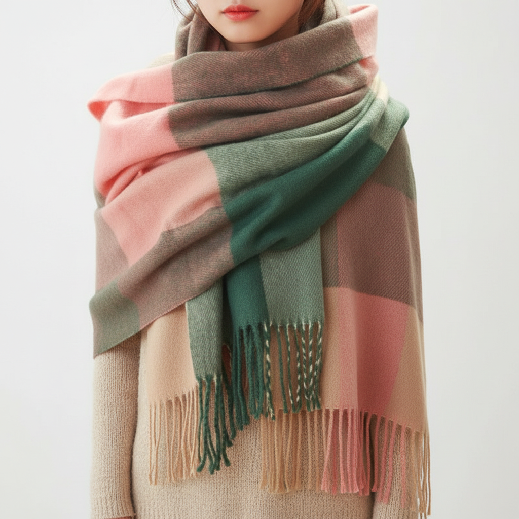 Unisex cashmere scarf in a classic tan color, showcasing the refined diamond pattern and soft texture.