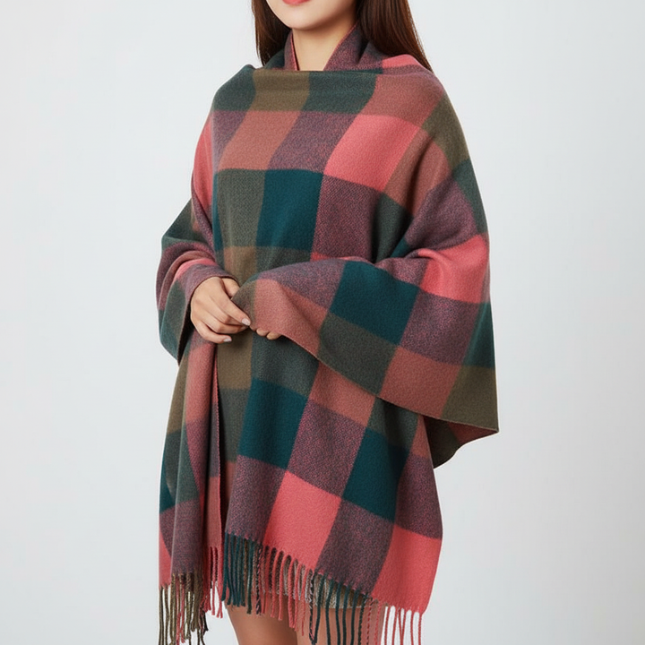 Model smiling, wearing a soft cashmere diamond pattern scarf, exuding warmth and sophisticated style.