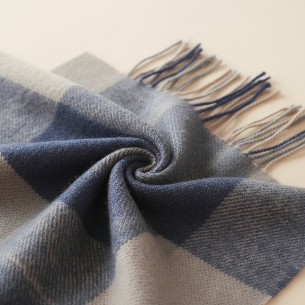 Elegant unisex cashmere scarf, diamond pattern, draped for a luxurious look, perfect winter gift.
