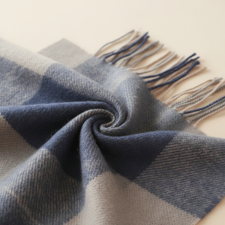 Elegant unisex cashmere scarf, diamond pattern, draped for a luxurious look, perfect winter gift.