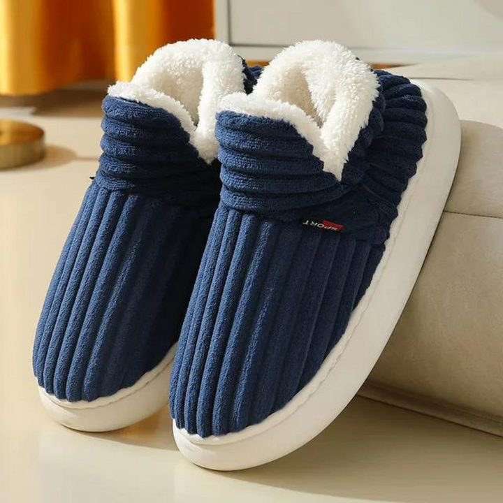 Comfortable winter home slippers, soft and warm unisex footwear with non-slip sole for indoor use.