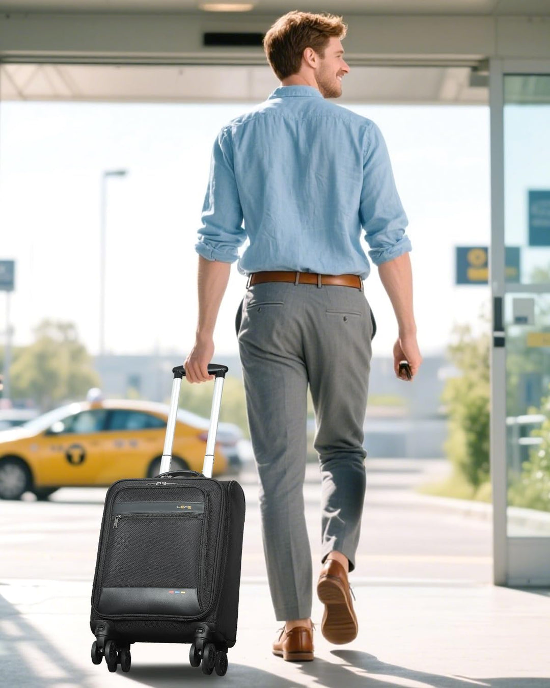 Lightweight unisex softside carry-on suitcase, expandable for extra packing space, with smooth spinner wheels.