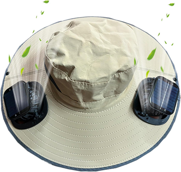 Unisex solar fan cooling hat in white, providing UV protection for outdoor activities.