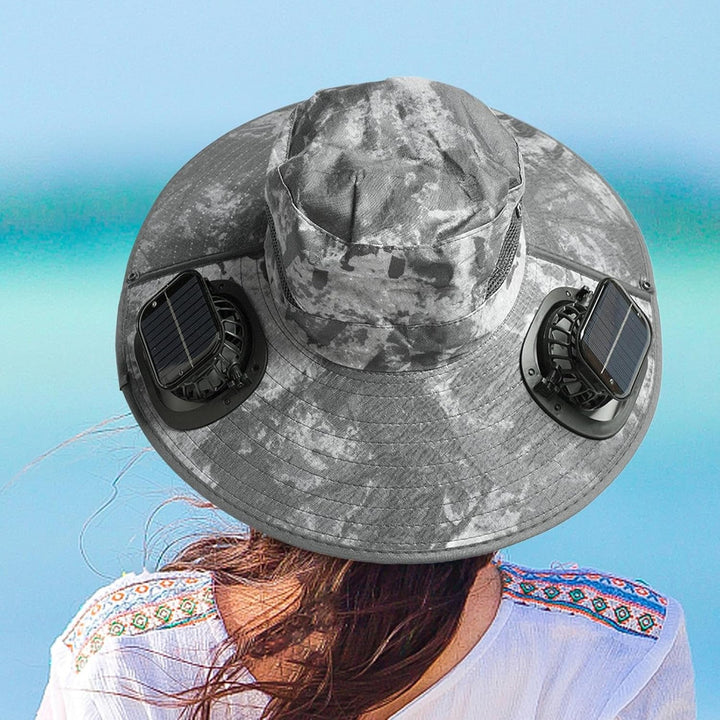 Lightweight solar hat with cooling fan, perfect for hiking and keeping cool in the sun.