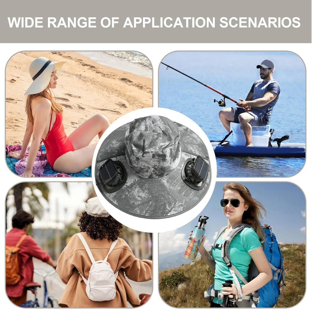 Water-resistant solar fan cooling hat, essential gear for fishing and protection from UV.