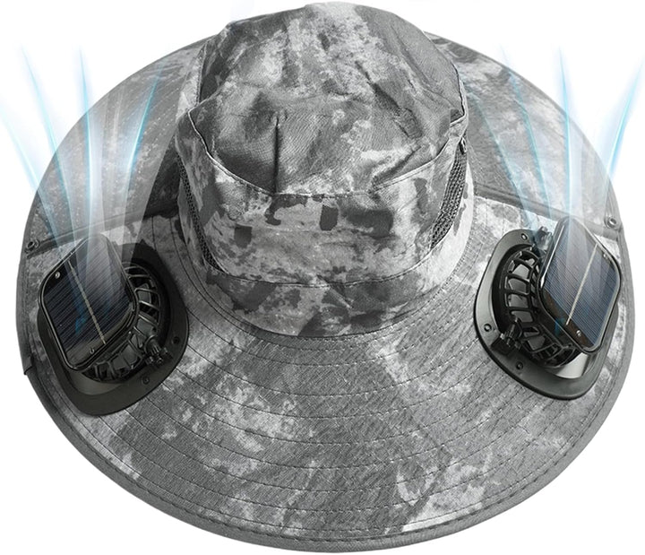 Folded solar fan hat, demonstrating its portability for travel and outdoor activities.