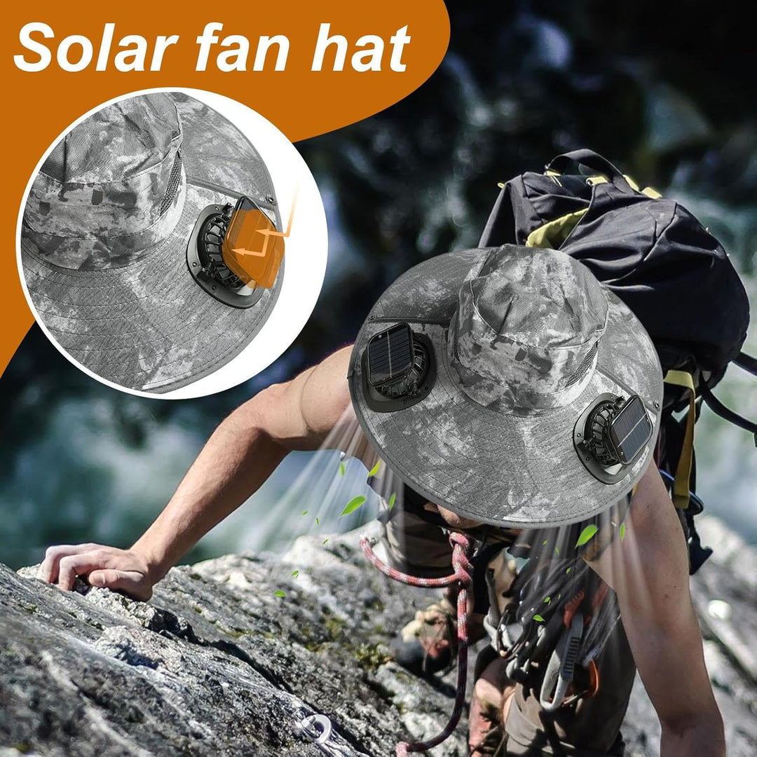 Solar fan cooling hat with a wide brim for maximum UV protection during gardening.