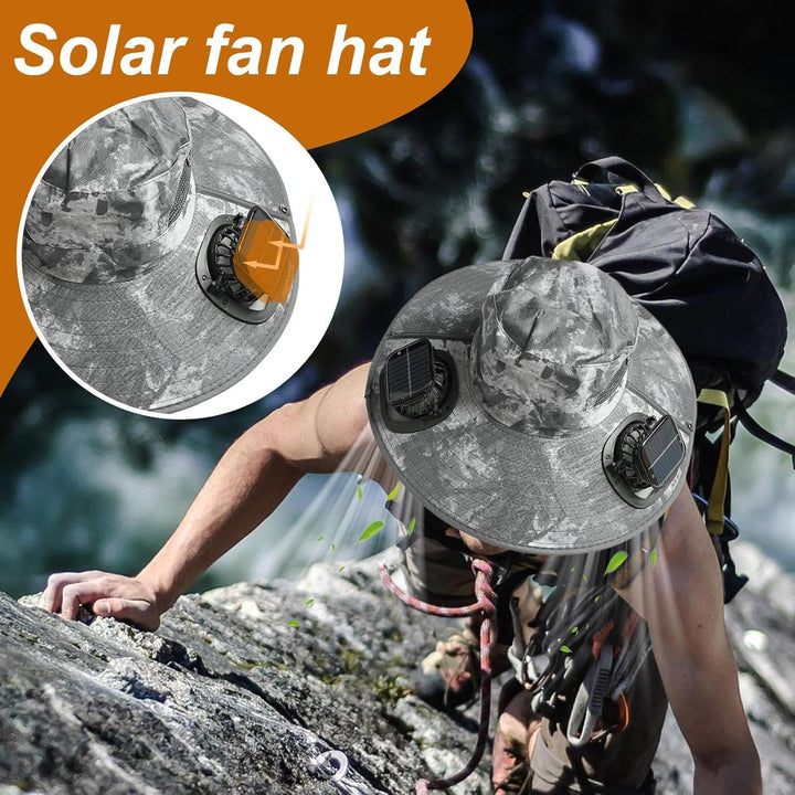Solar fan cooling hat with a wide brim for maximum UV protection during gardening.