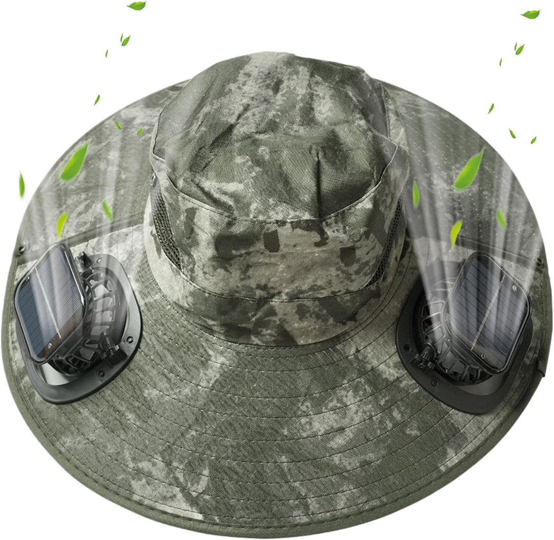 Detail of the internal cooling fan system within the solar hat, keeping you comfortable.