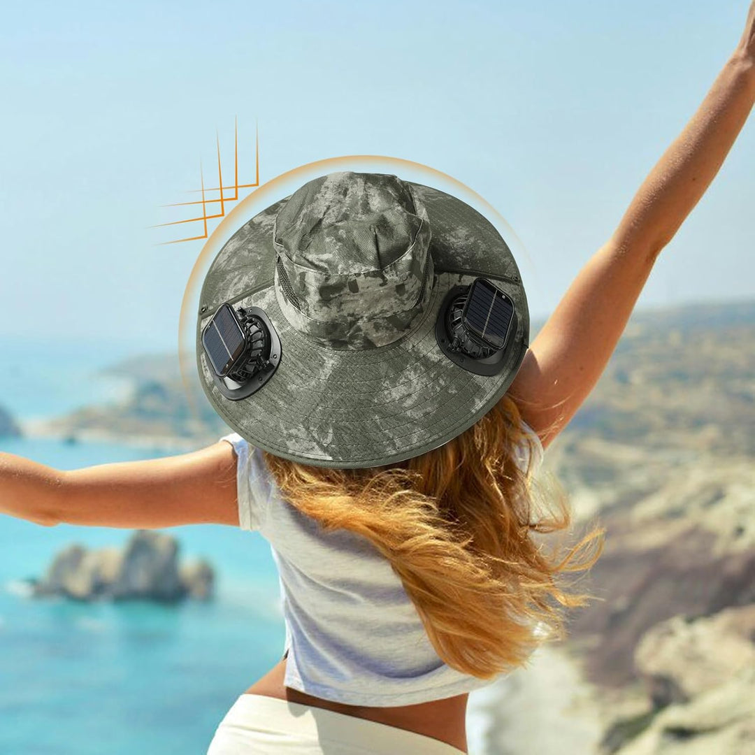Unisex solar fan hat designed for extended wear during outdoor work and sun protection.
