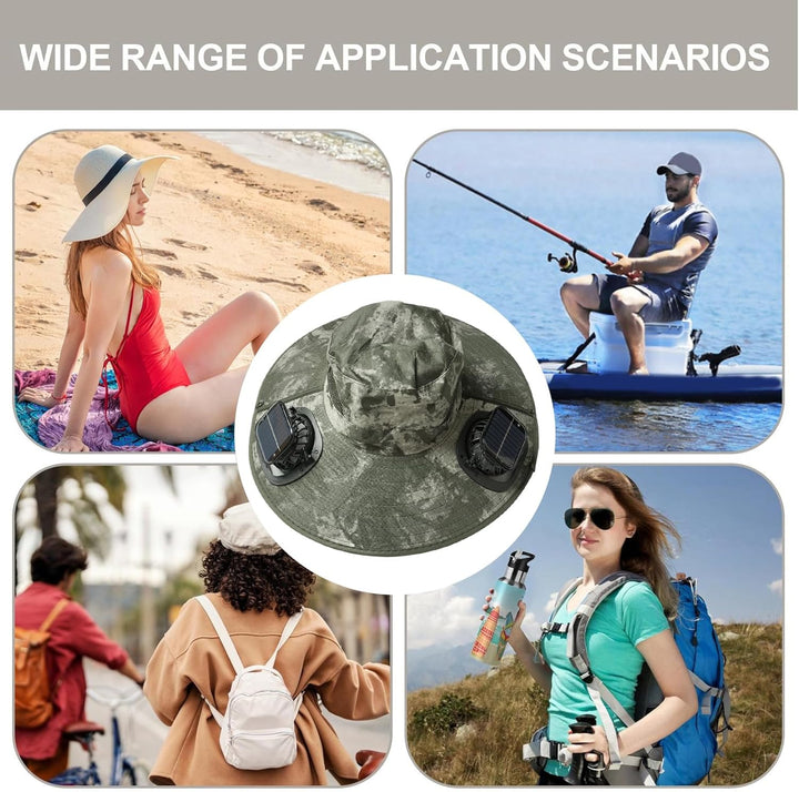 People enjoying a sunny day outdoors while wearing solar fan cooling hats for UV protection.