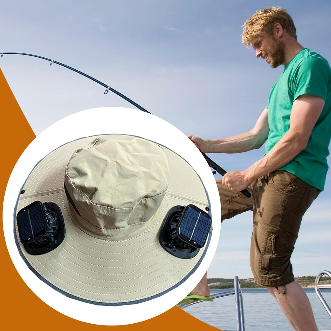 Foldable solar hat with built-in fan, grey color, perfect for sun protection during hiking.