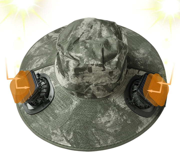 Person setting up the foldable solar fan cooling hat, ready for sun protection.