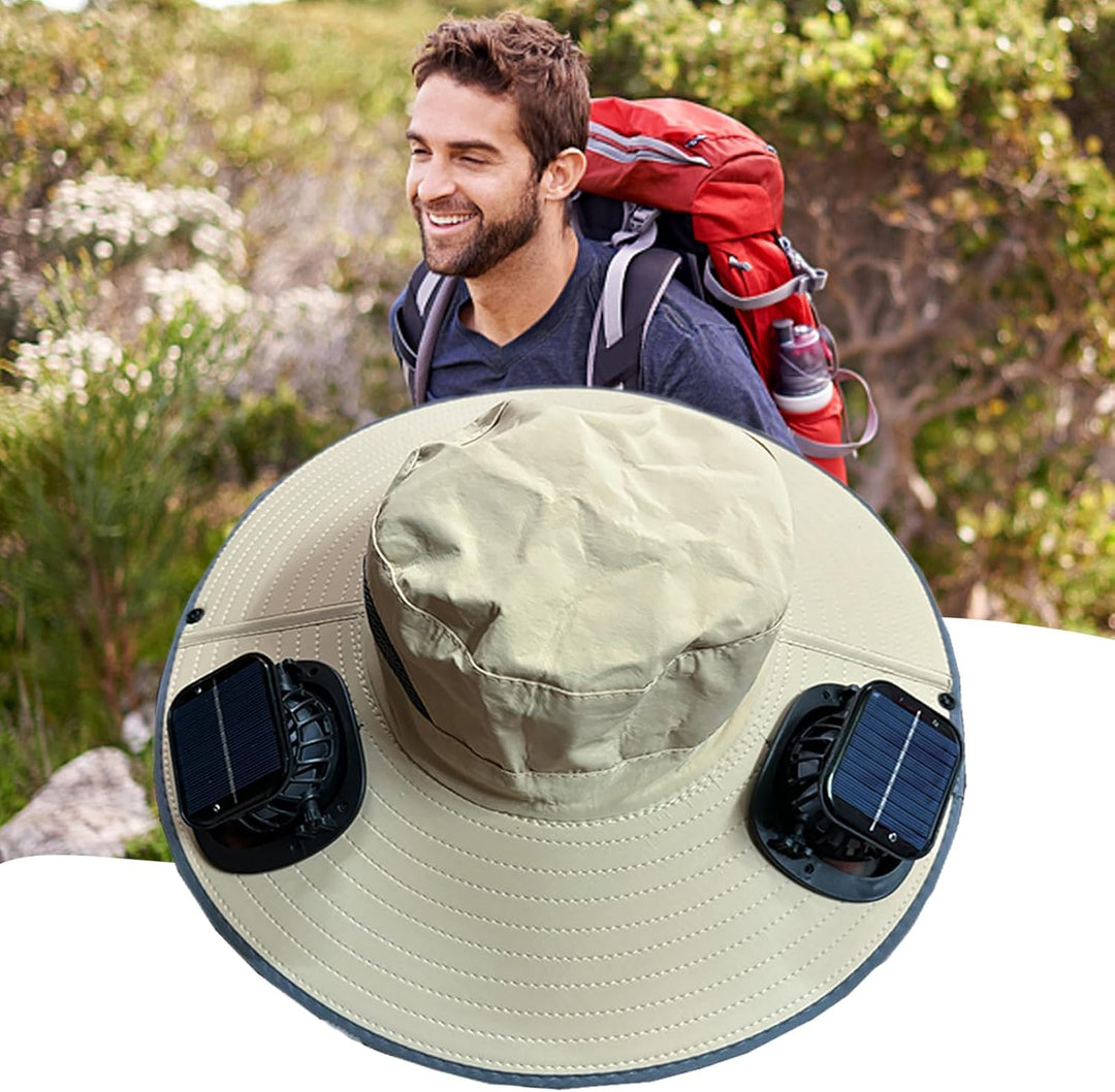 Beige unisex solar fan cooling hat, offering UV protection for fishing and outdoor adventures.