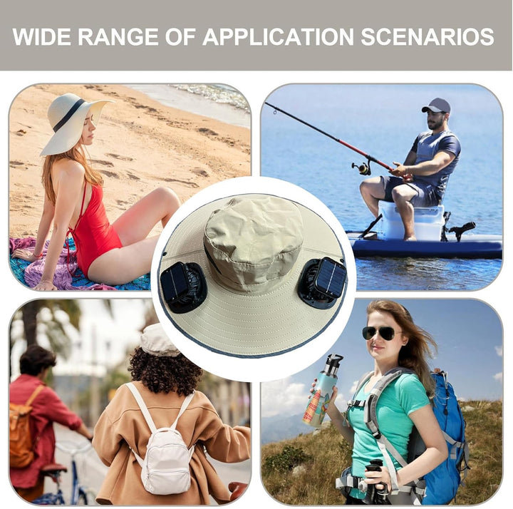 Blue solar powered fan hat, great for keeping cool and protected from UV rays while gardening.