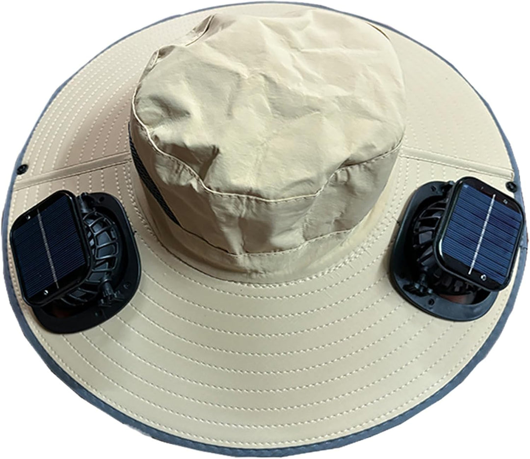 Model wearing a white unisex solar fan cooling hat, showcasing its sun protection features.
