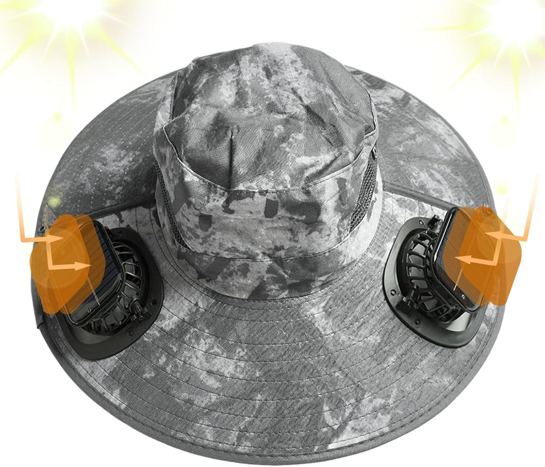 Side view of the solar fan cooling hat, highlighting its practical design for sun protection.