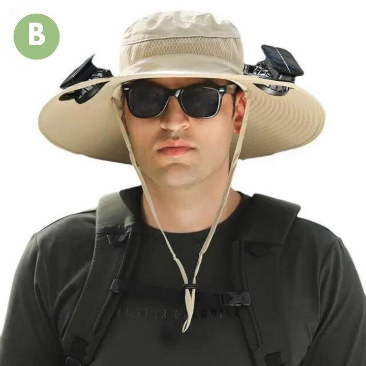 Side view of unisex solar fan sun hat, highlighting wide brim, cooling fan & premium fabric.