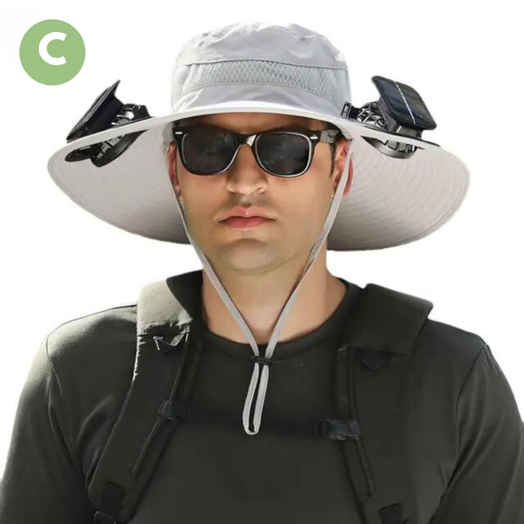 Front view of ultimate outdoor solar fan sun hat, perfect for UV protection & cooling.