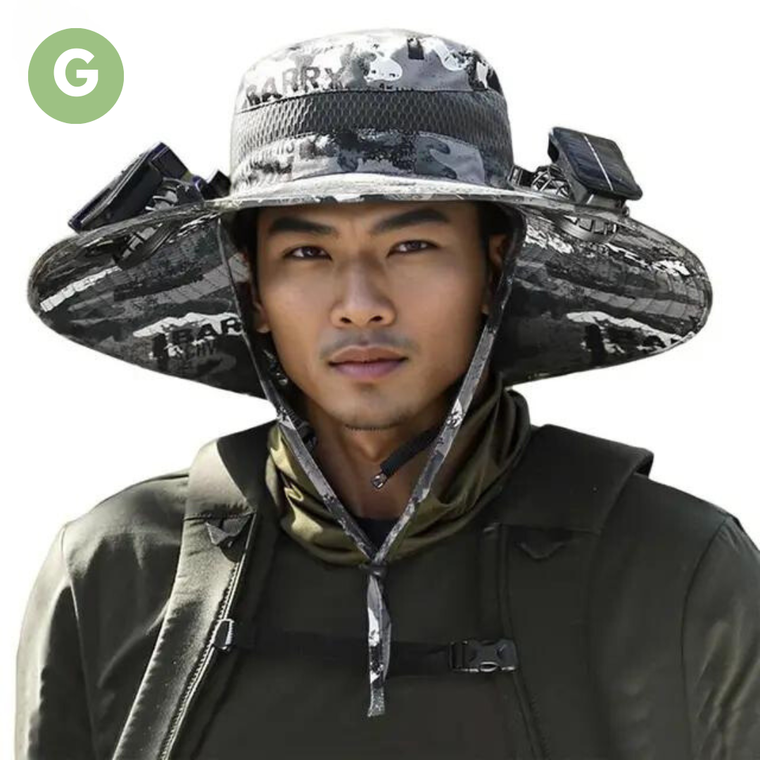 Unisex solar fan hat: cooling, UV protection, breathable, travel, hiking, garden, summer headwear.