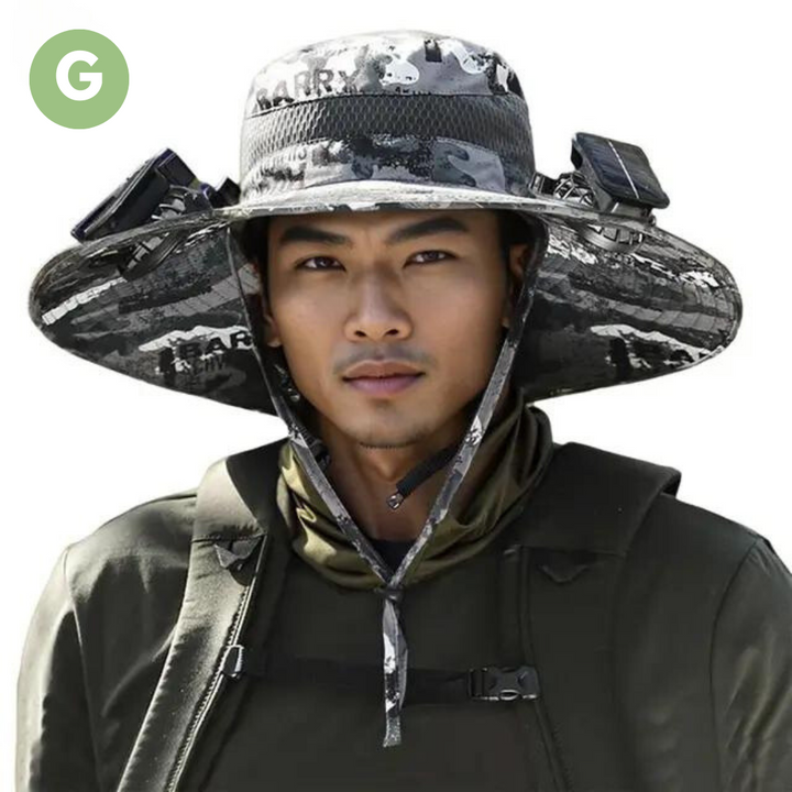 Unisex solar fan hat: cooling, UV protection, breathable, travel, hiking, garden, summer headwear.