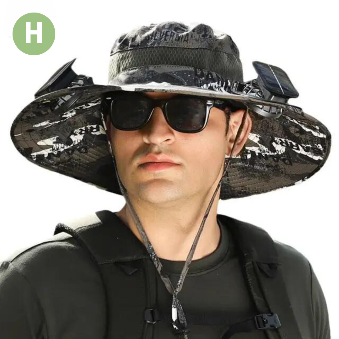 Solar-powered fan hat keeps you cool outdoors. Built-in fan for ventilation & sun protection.