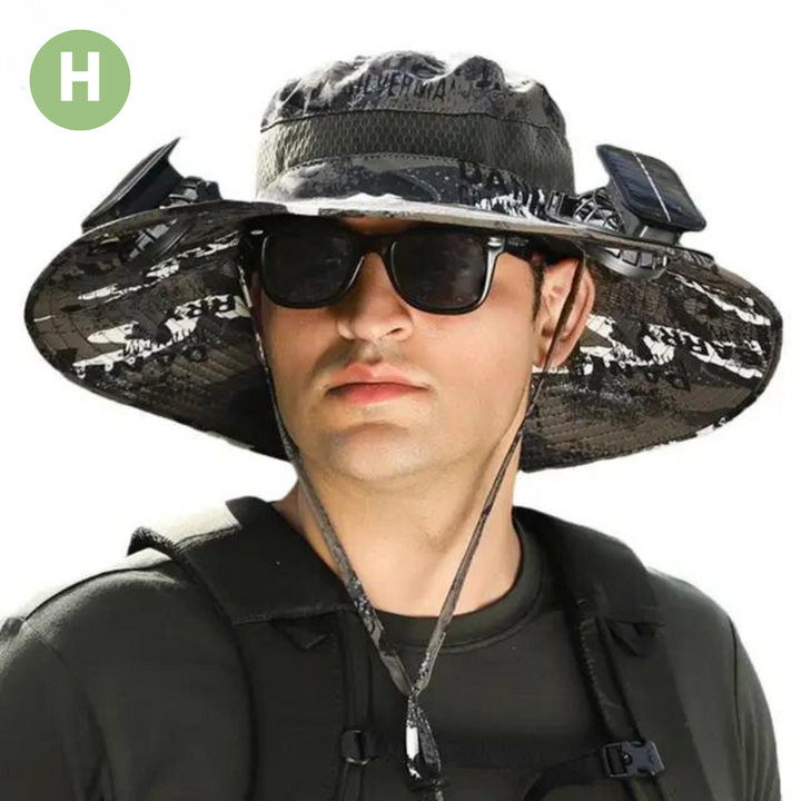 Solar-powered fan hat keeps you cool outdoors. Built-in fan for ventilation & sun protection.