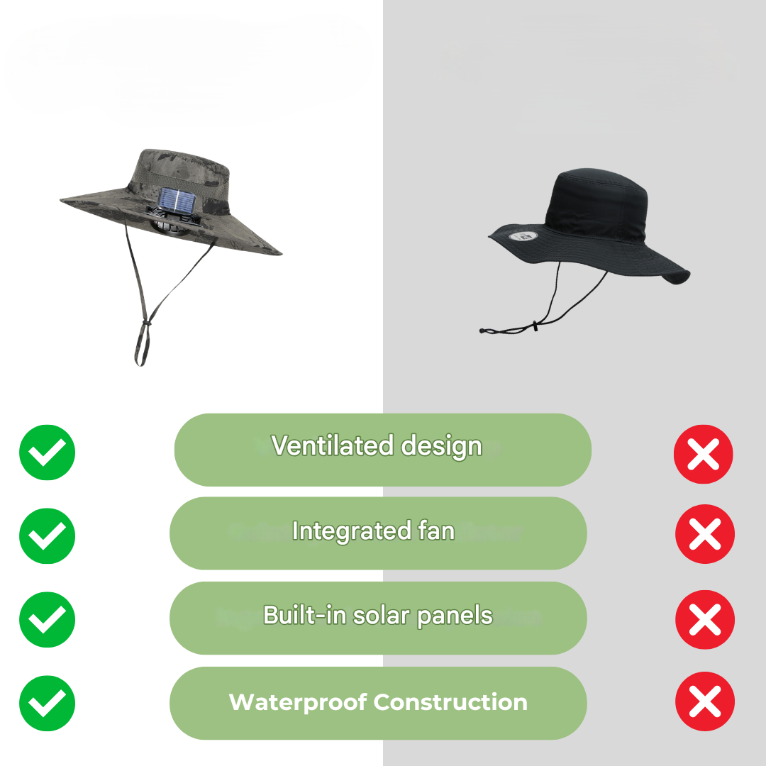 Wide-brim sun hat with UV protection and a solar-powered fan. Ideal for sunny outdoor days.