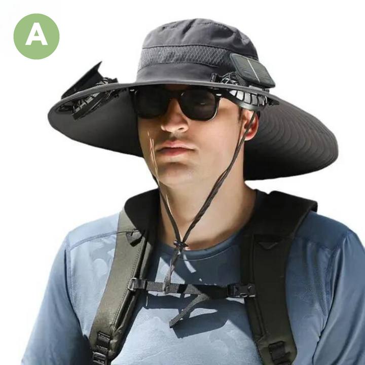 Close-up of solar-powered fan on sun hat, showing cooling technology & durable design.