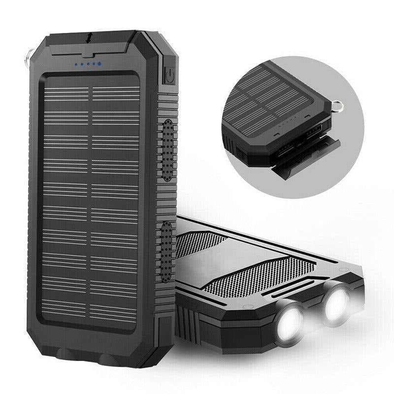 Unisex solar power bank charger, waterproof & portable for outdoor emergency camping.
