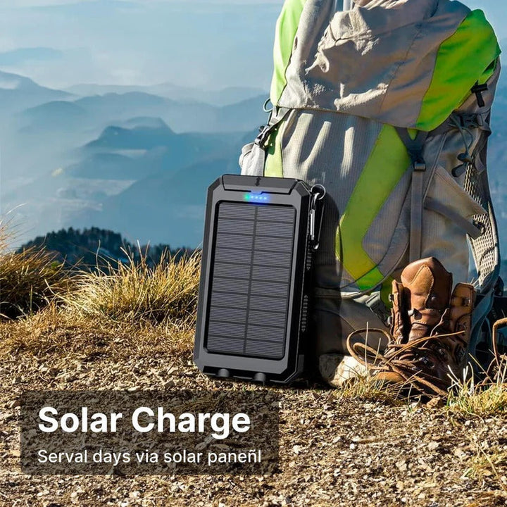 Solar power bank with fast charging, waterproof design, dual USB, and integrated LED flashlight.