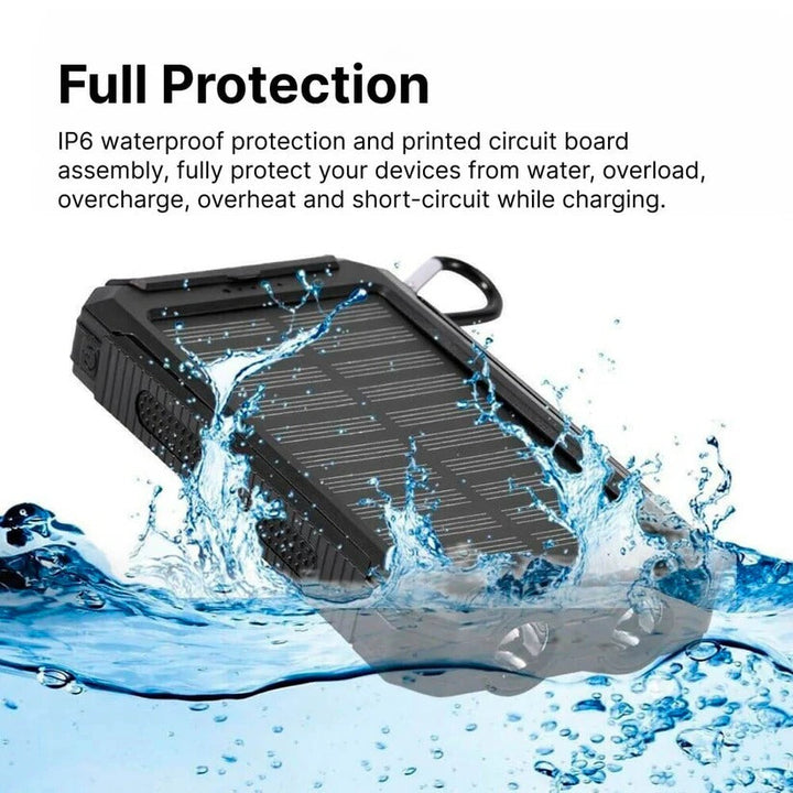 Outdoor camping solar power bank, waterproof, portable, reliable emergency phone charger.
