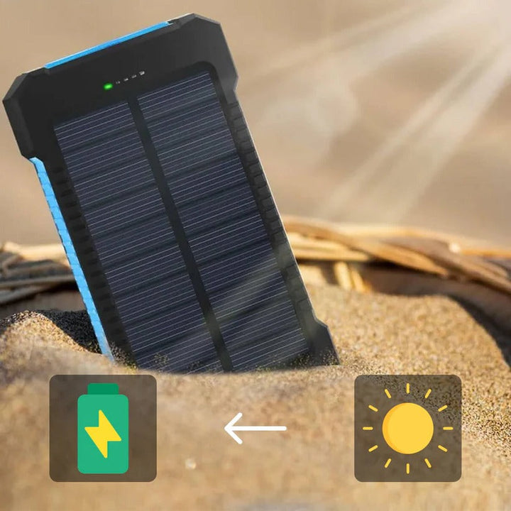 Travel-ready waterproof solar power bank, compact, dual USB, essential for long trips & emergencies.
