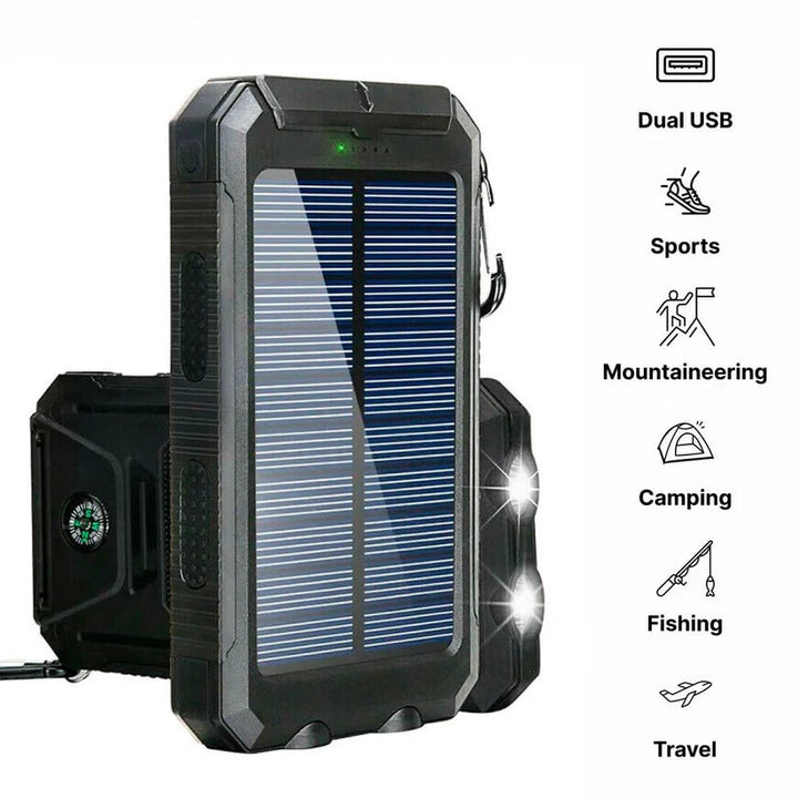 Emergency waterproof solar power bank with bright LED flashlight, essential for power outages & outdoors.