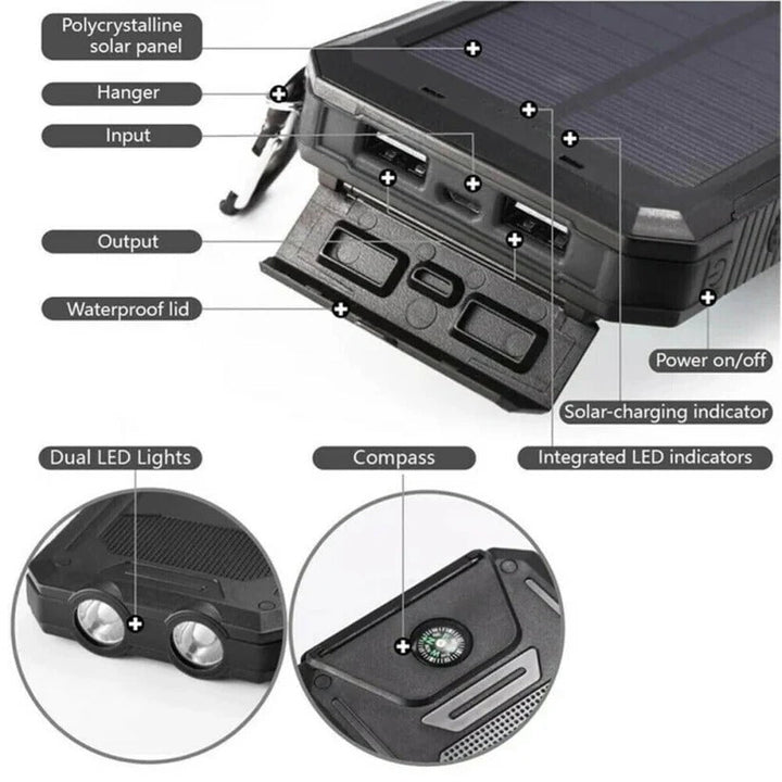 Front view of a black unisex waterproof solar power bank charger with integrated solar panel.
